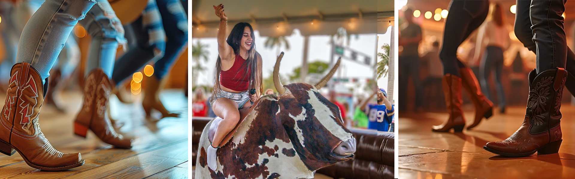 Close-up of cowboy boots in line dances, and a woman riding a mechanical bull.