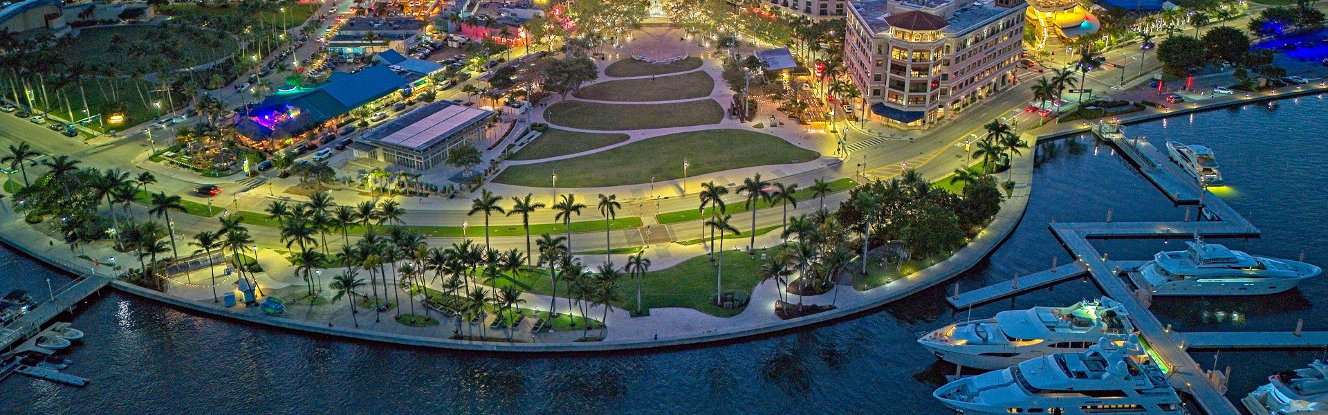 Aerial view of the West Palm Beach Waterfront Commons along Flagler Drive and the Intracoastal Waterway.