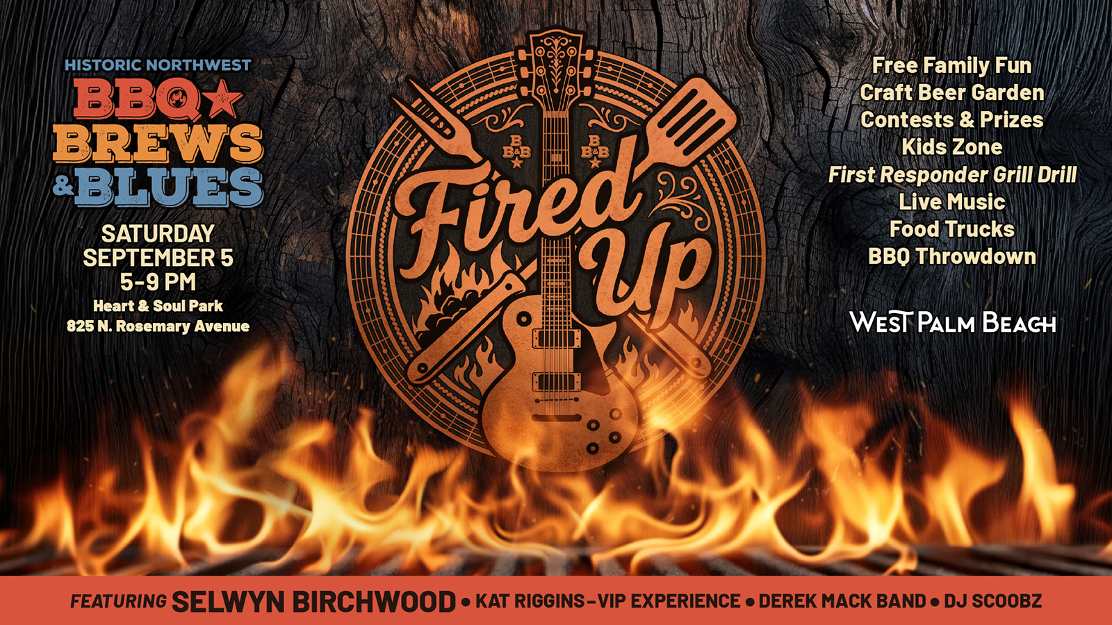 BBQ Brews and Blues with fire and grilling tools. Saturday, Sept. 5, 5-9 p.m. in Heart and Soul Park