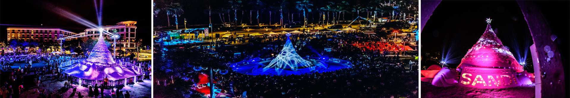 3 image-collage of Sandi (holiday sculpted sand tree) night photos taken during vividly colored light shows.