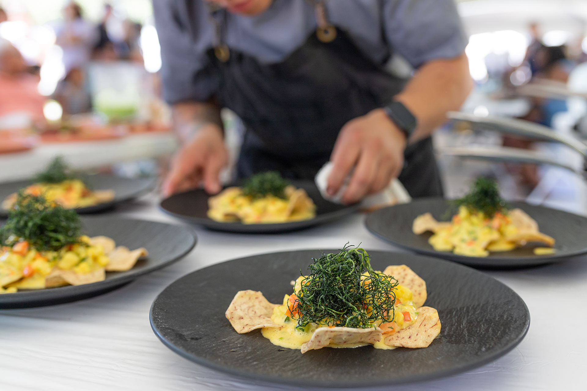 Closeup of gourmet meal served on slate plates, chefs hands at work plating food in background.