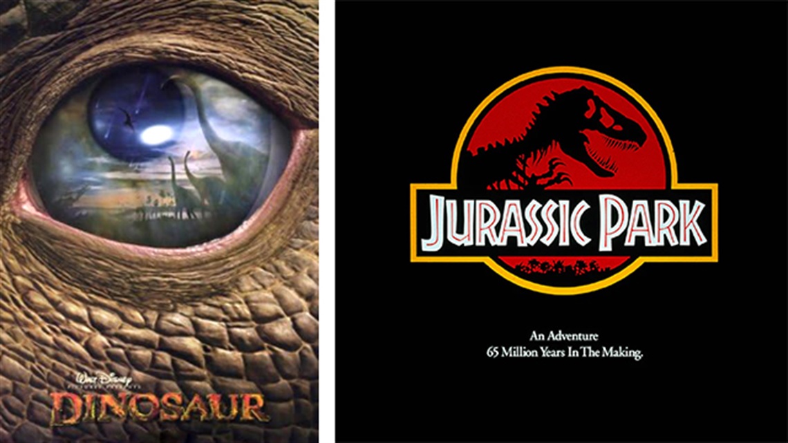 Movie posters for Dinosaur (PG) and Jurassic Park (PG)