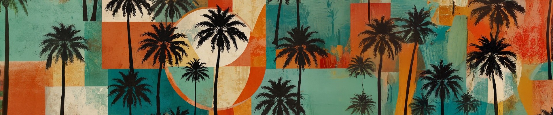 Retro pattern of palm trees on blocks of color.