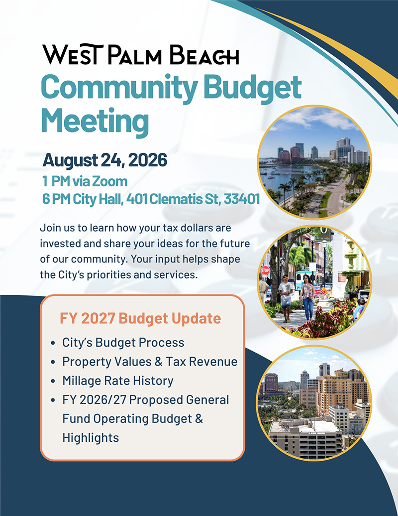 Community Budget Flyer, meetings on Monday, August 24. 1 p.m. Zoom meeting and 6 p.m. in-person in the City Commission Chambers