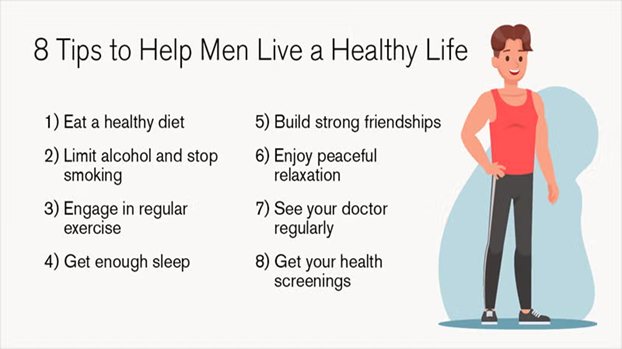 Infographic titled '8 Tips to Help Men Live a Healthy Life.' The tips are: 1) Eat a healthy diet. 2) Limit alcohol and stop smoking. 3) Engage in regular exercise. 4) Get enough sleep. 5) Build strong friendships. 6) Enjoy peaceful relaxation. 7) See your doctor regularly. 8) Get your health screenings. Illustration of a man standing beside the list.