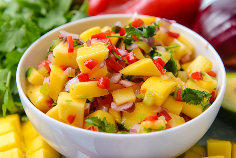 Photo of salsa made of mango, red peppers, red onion, and cilantro