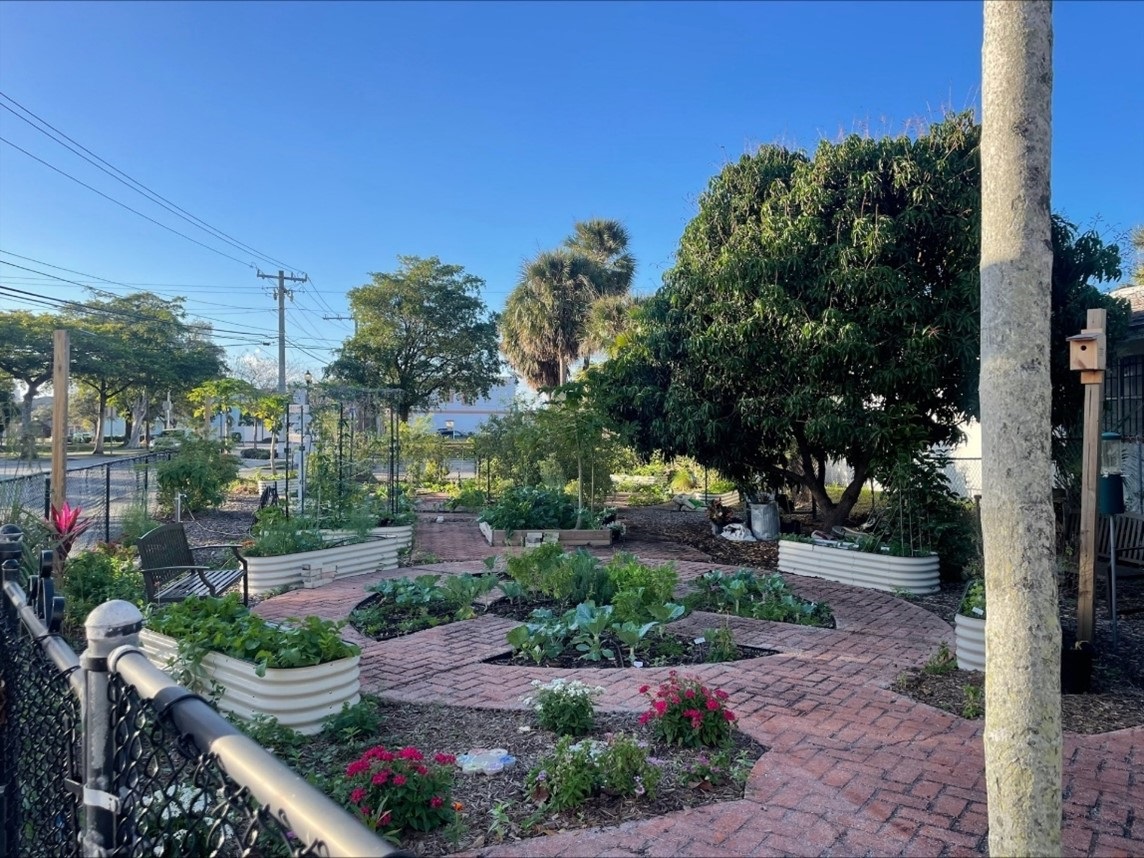 Photo of the Pleasant City Community Garden from the north end point of view. There are garden beds with plants and vegetation in the garden.