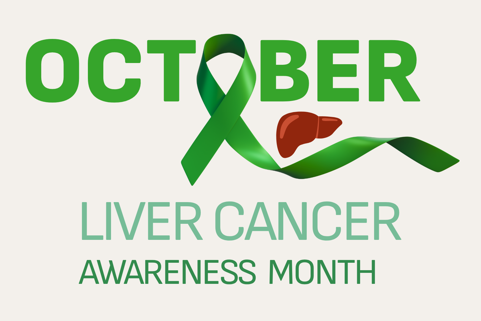 October is Liver Cancer Awareness Month. Green awareness ribbon and illustration of a liver represent liver cancer awareness.