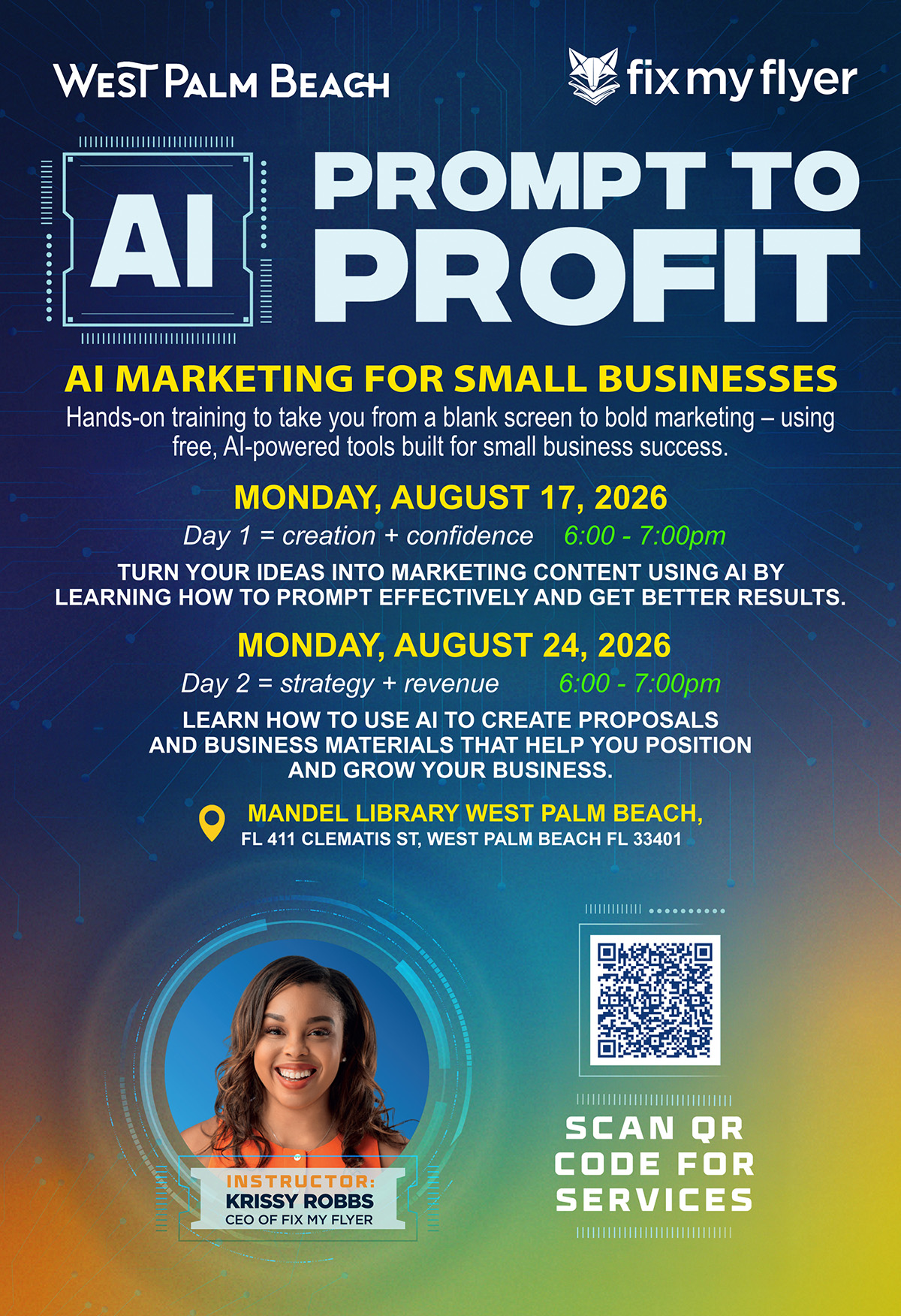 How A-I can help marketing for Small Business program, Monday, Aug. 17 and Monday, Aug. 24. Both sessions 6-7 p.m. in the Mandel Public Library