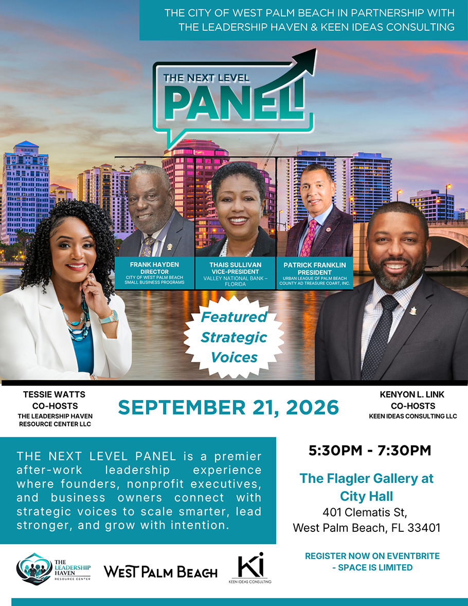 Flyer for Next Level leadership program, Monday, Sept. 21, 5:30-7:30 p.m. in the Flagler Gallery at City Hall