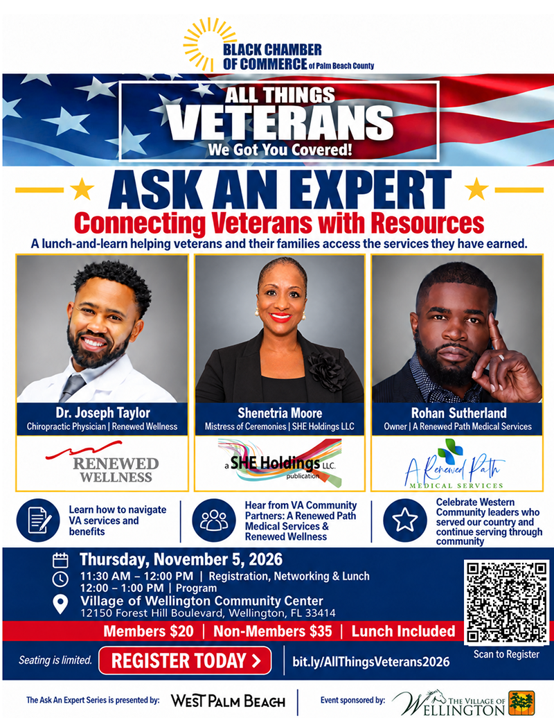 Flyer for Ask an Expert - targeting Veterans, Thursday, Nov. 5, 2026 at the Village of Wellington Community Center - presented byt he City of West Palm Beach and the Village of Wellington