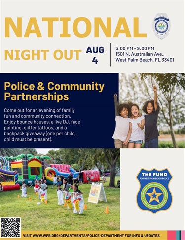 Flyer for National Night Out August 4, 2026, 5 p.m. to 9 p.m. at Gaines Park. Shows kids playing in sack races and other kids celebrating.