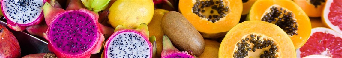 Pano overview photo of fresh, brightly colored cut fruits.