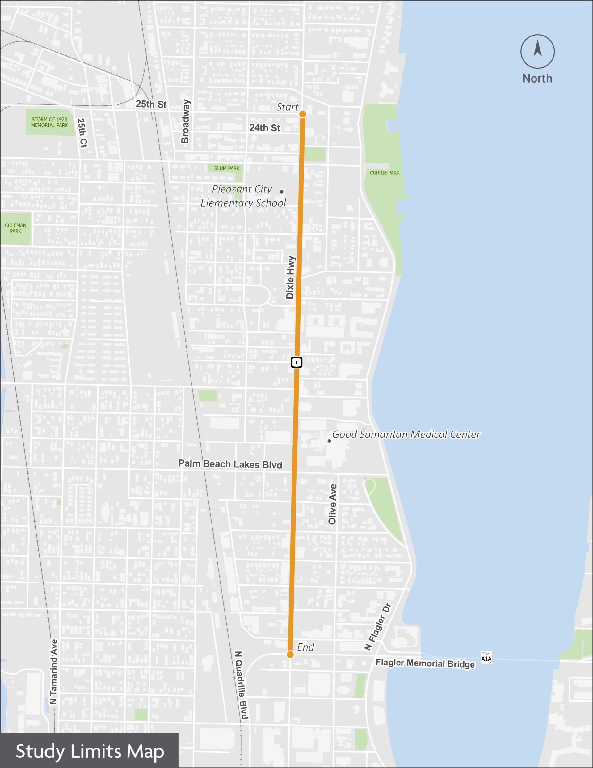 Study limits map - outlines Dixie highway from 25th and Quadrille