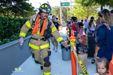 A firefighter gives a 