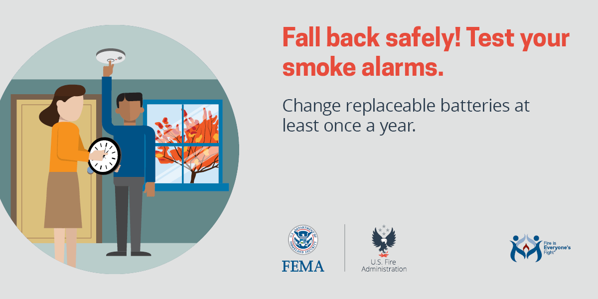 Sketch showing woman holding clock and man testing smoke detector. Copy is Fall back safely! Test your smoke alarms.