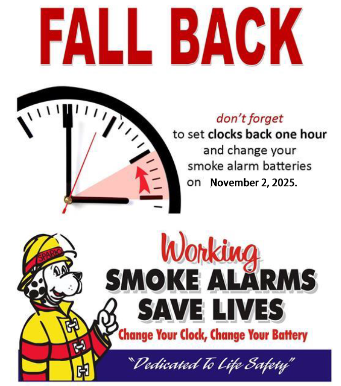 Flyer showing Fall Back with a clock and Working Smoke Alarms Save Lives