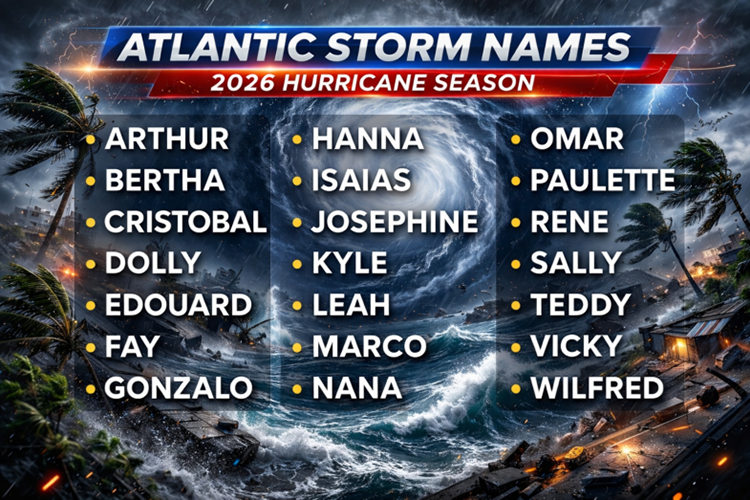 Graphic showing 21 names for storms in 2026