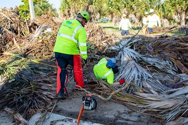 Clean up efforts are dangerous for everyone. One worker has fallen from the debris and is getting assistance from another clean-up staff member.