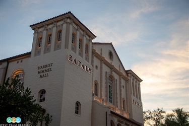 Wide shot of the Harriet Himmel Hall with Eataly sign on the tower