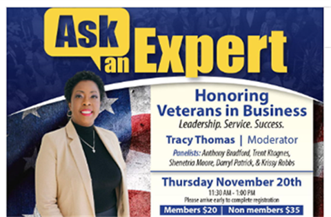 Flyer advertising Veterans in Business Ask and Expert luncheon on Thursday, Nov. 20 at the Mandel Public Library