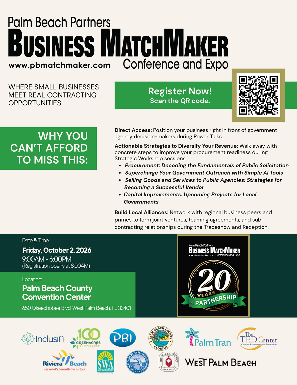 Flyer for annual Palm Beach Business Matchmaker Conference , Friday, Oct. 2, 9 a.m. to 6 p.m. at the Palm Beach County Convention Center