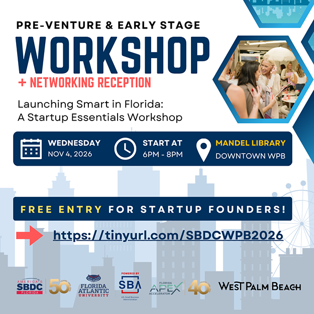 Flyer for Small Business Startups workshop and networking reception at the Mandel Public Library, November 4, 2026 from 6 p.m. to 8 p.m.