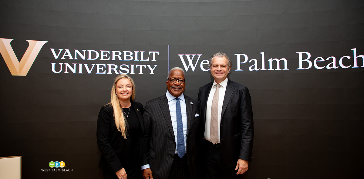 Palm Beach County Mayor Sara Baxter, Mayor Keith A. James and Vanderbilt Chancellor Daniel Deirmeier