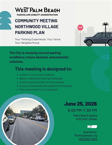 Flyer announcing public meeting on parking in Northwood Village. Event on June 25, 2026, 6 p.m. to 7:30 p.m.