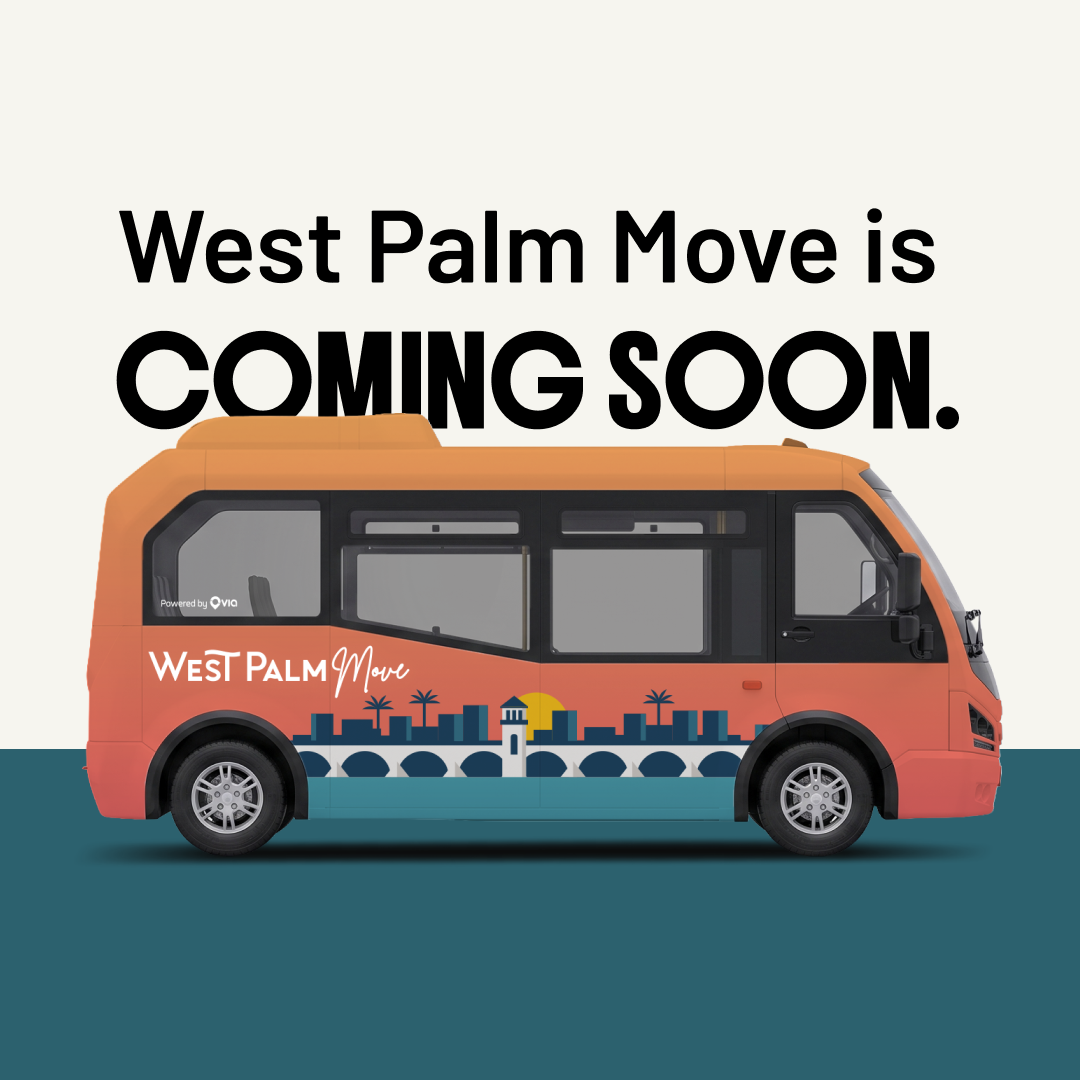 Graphic with West Palm Beach Move is Coming Soon displayed above a bus