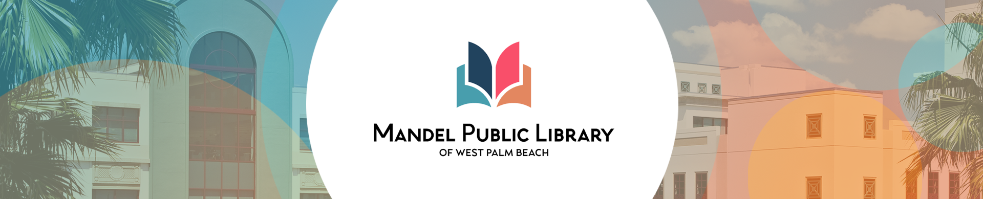 Mandel Public Library Colorful Book Logo with library in background 