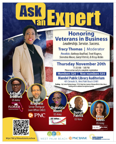 Flyer advertising Veterans in Business Ask and Expert luncheon on Thursday, Nov. 20 at the Mandel Public Library