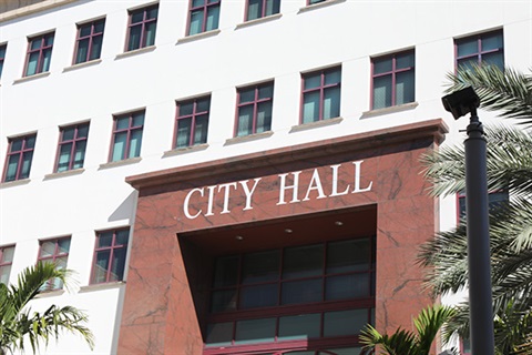 Exterior shot of City Hall sign